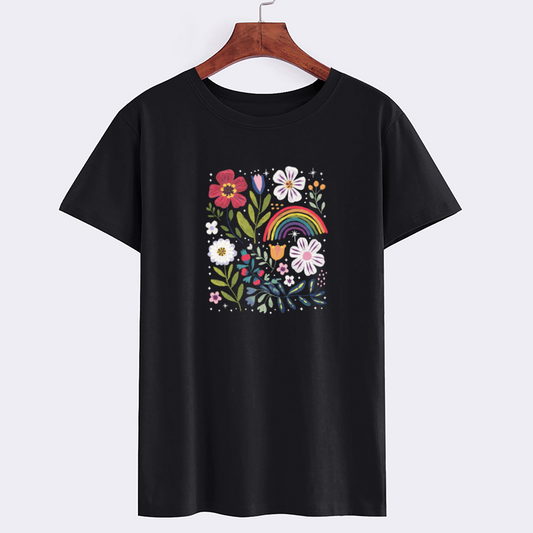 Floral Rainbow Graphic Tee - Stylish Black T-Shirt