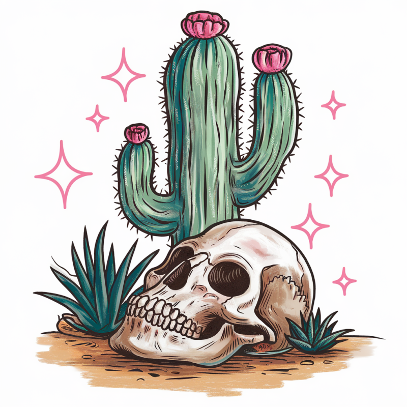 Artistic Skull and Cactus Graphic T-Shirt